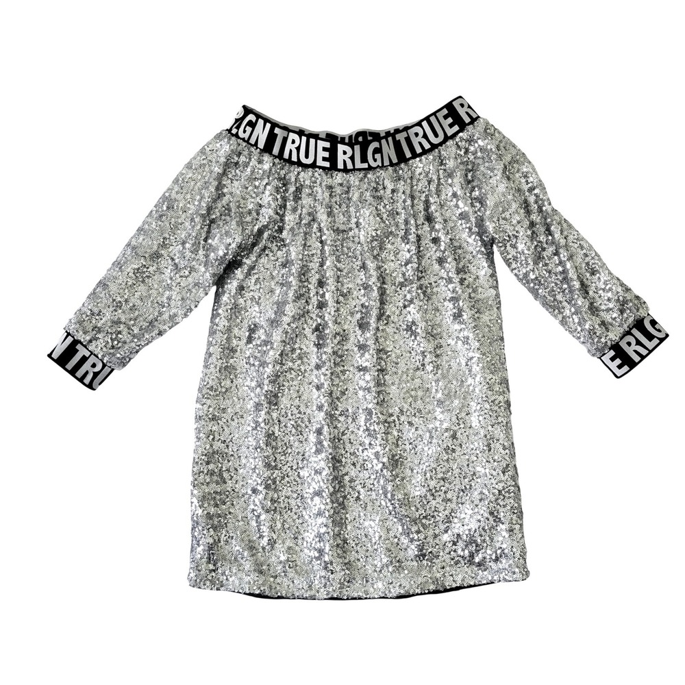 True Religion Silver Sequin Off The Shoulder Mini Dress Logo Glam Womens Small